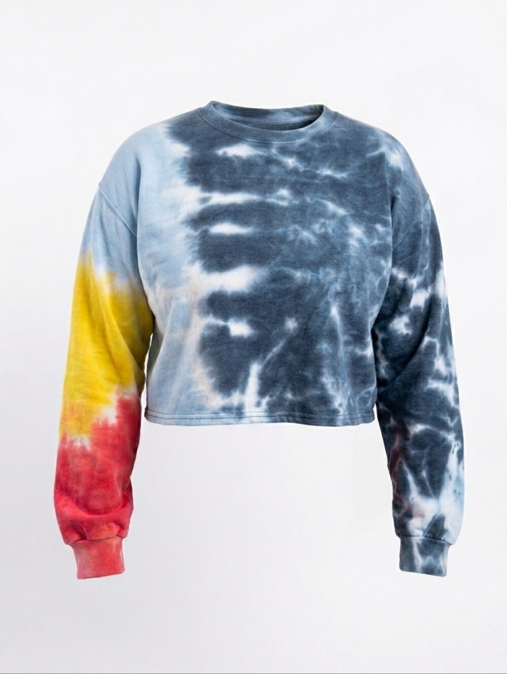 Tie-Dye Cropped Crewneck Sweatshirt - Blue, Yellow & Red Dari